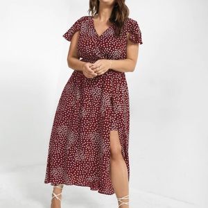 BloomChic Burgundy and White Printed Midi Dress with Side Slit